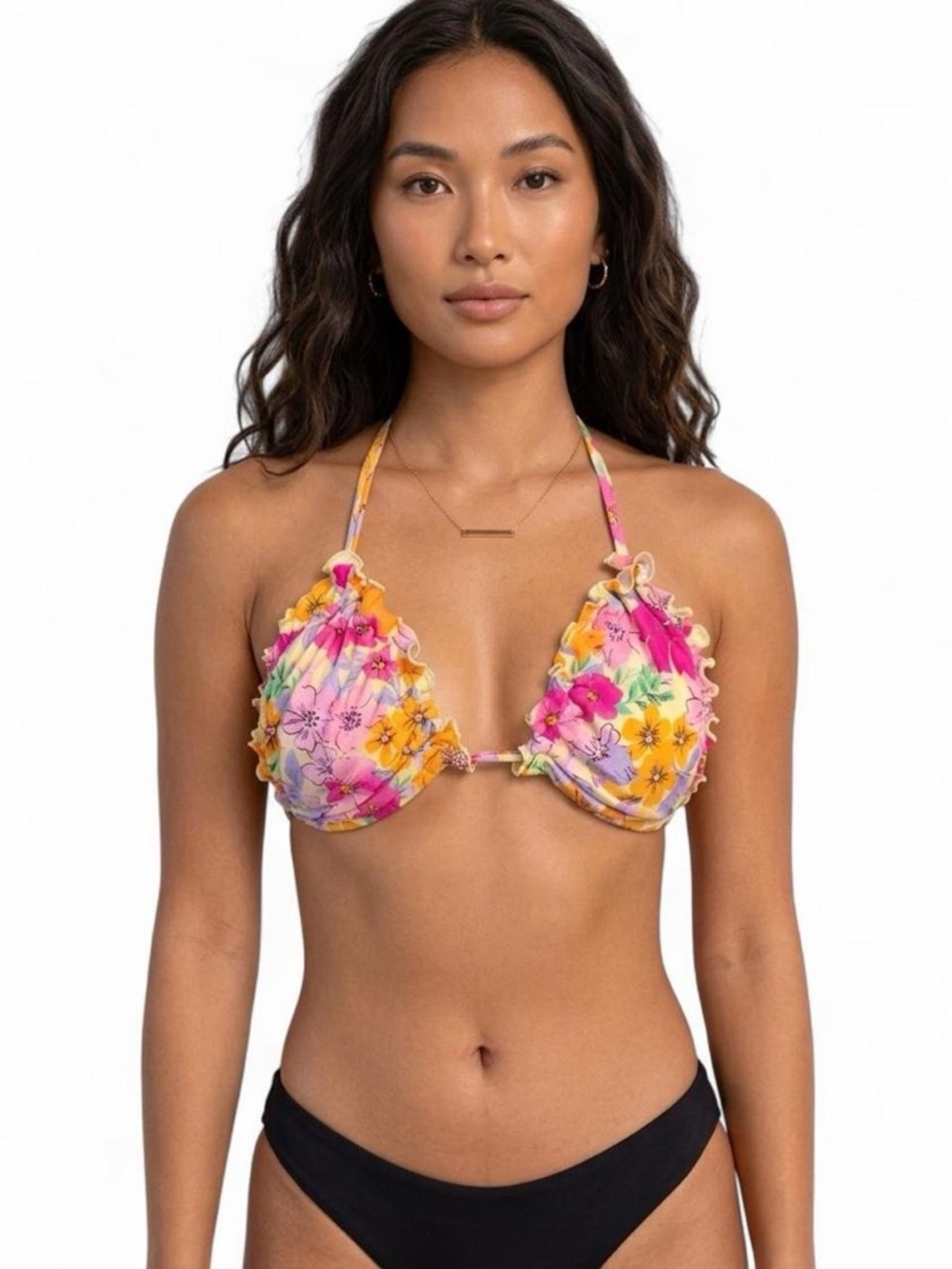 wild fable Floral Ruffle Triangle Bikini Top - Pink & Yellow